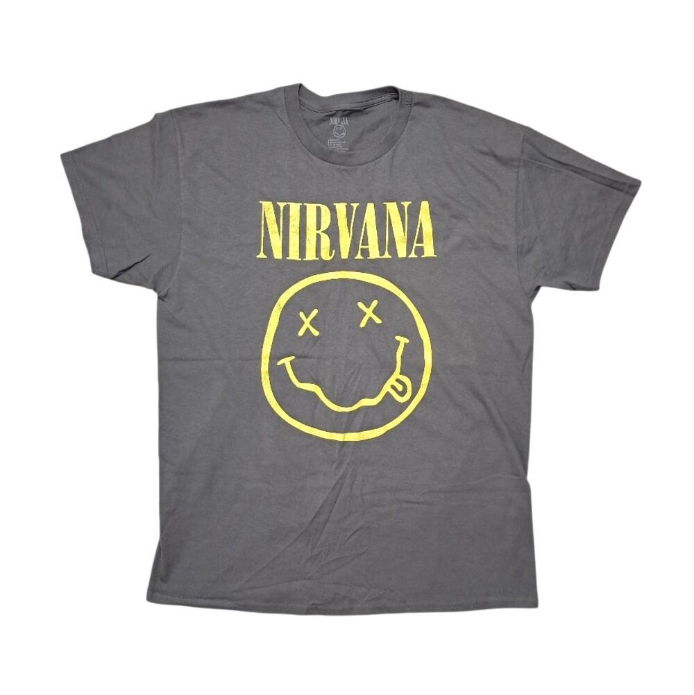 NIRVANA Smiley Face Logo T-Shirt Mens M Gray Grunge Rock Kurt Cobain Graphic